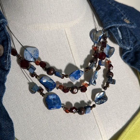 Vintage Jewelry - Handmade Wire Blue and Brown Beaded Layer Necklace